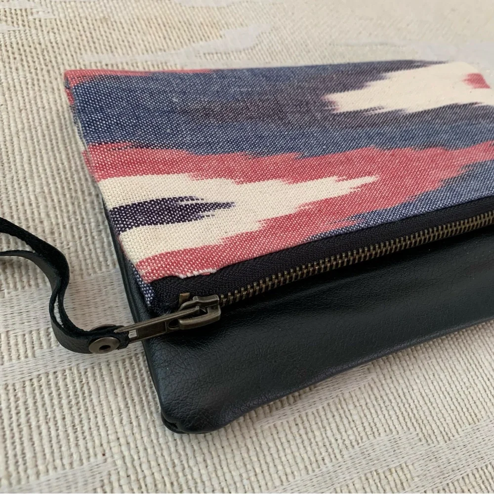 Handmade Vintage Ikat Woven Fabric and Leather Foldover Clutch Bag